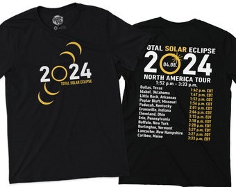 T-shirts Eclipse sur le chemin de la totalité à l'avant et à l'arrière T-shirts Eclipse personnalisés Liste simple des villes sur le chemin de l'éclipse de totalité 2024