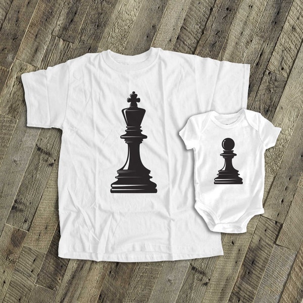 Chess king and pawn matching dad and kiddo t-shirt or bodysuit gift set - great gift for chess loving dad 22FD-014-Set