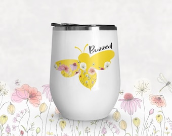 Wine tumbler drinkware | bee buzzed stemless wine tumbler | flower bee buzzed stainless steel 12oz wine tumbler with lid  MWG-SUB-018
