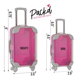 May include: Two pink suitcases with clear plastic sides and gray handles. The larger suitcase is labeled "MIGHTY" and measures 8.75 inches tall, 6 inches wide, and 3.5 inches deep. The smaller suitcase is labeled "MINI" and measures 6.5 inches tall, 4.5 inches wide, and 2.8 inches deep. The suitcases are part of a "Pack'd Destination Party" set.