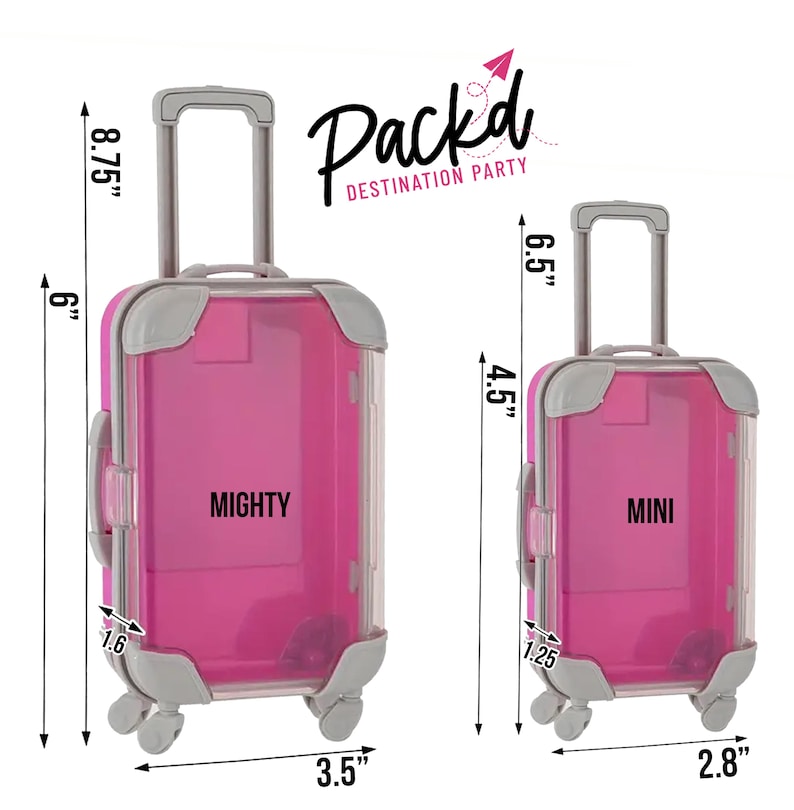 May include: Two pink suitcases with clear plastic sides and gray handles. The larger suitcase is labeled "MIGHTY" and measures 8.75 inches tall, 6 inches wide, and 3.5 inches deep. The smaller suitcase is labeled "MINI" and measures 6.5 inches tall, 4.5 inches wide, and 2.8 inches deep. The suitcases are part of a "Pack'd Destination Party" set.