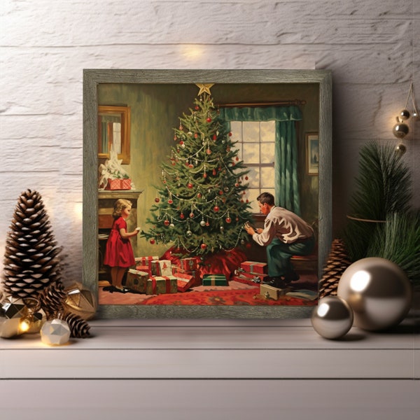 Vintage Christmas tree trimming framed Christmas Print: High-Quality Canvas Art Old-Time Style Christmas Print - Framed