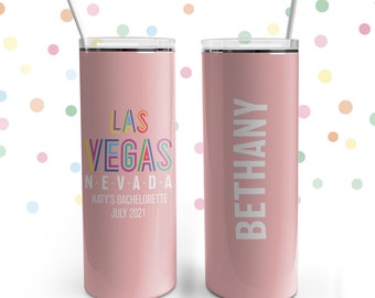 Bachelorette party drinkware | skinny stainless steel tumbler | las vegas nevada personalized steel tumbler with lid and straw | party favor