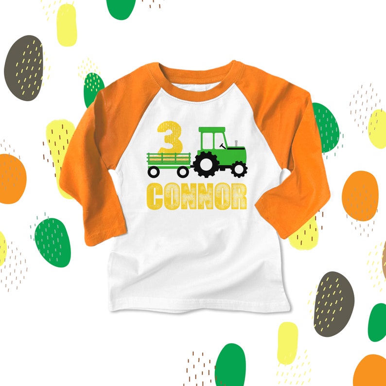 Tractor birthday shirt any age birthday tractor shirt green tractor themed birthday personalized shirt plow tractor 22BD-007-R White/Orange