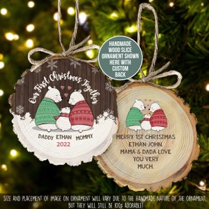 First Christmas together daddy mommy baby snow bear wood slice ornament family ornament wood ornament rustic babys first christmas ornament