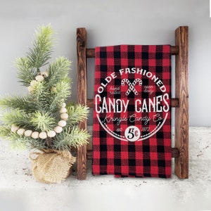 christmas tea towel | kringle candy co kitchen dish towel | sweet olde fashioned candy canes red buffalo plaid holiday decor tea towel gift