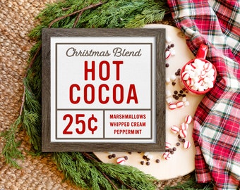 christmas blend hot cocoa sign rustic farmhouse wood framed holiday wall art canvas print christmas sign whipped cream marshmallows prnt-020