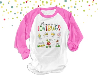 Grammy shirt | Grammy's (or nana or grandma or any title) lovebugs raglan | personalized with grandkids names | mothers day 22MD-066-R