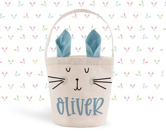 boy's easter basket | bunny ears easter basket blue linen basket - custom personalized easter bunny bag with ears personalized with name