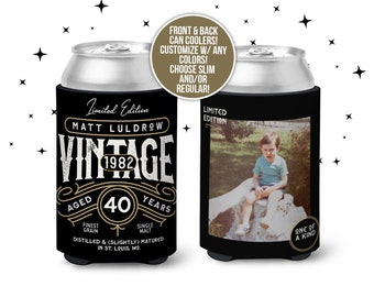 40th 50th 60th birthday photo regular or slim can coolies | vintage limited edition personalized can cooler | birthday party favor MCC-177