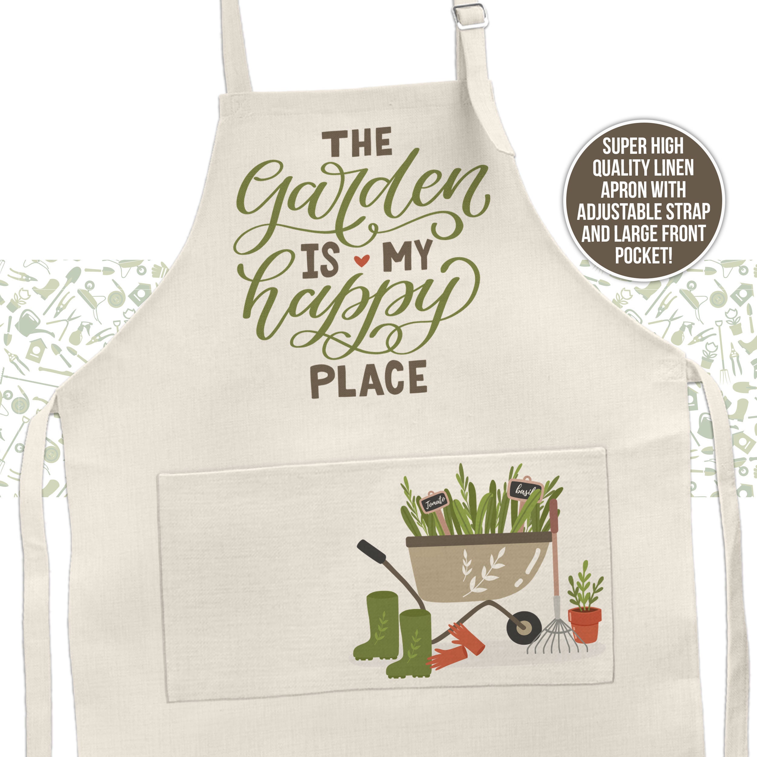 gardening apron the garden is my happy place poly linen apron for gardener wheel barrel garden tools mothers day birthday gift apron-011