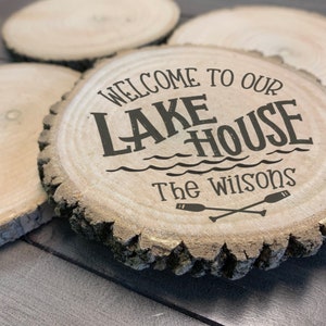 Personalized Lake house coasters | lake house gift | wood slice coasters personalized | rustic custom coasters | cabin coasters -SET OF FOUR