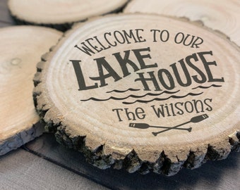 Personalized Lake house coasters | lake house gift | wood slice coasters personalized | rustic custom coasters | cabin coasters -SET OF FOUR