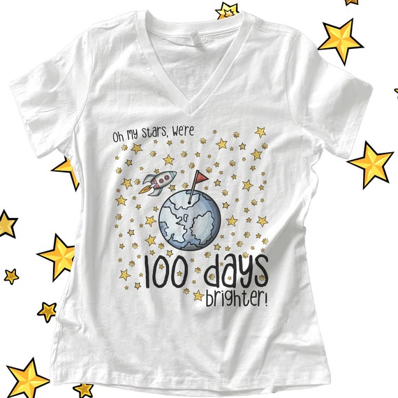 Teacher Shirt - 100 Days Brighter Stars Hundred Day Crew Neck or 