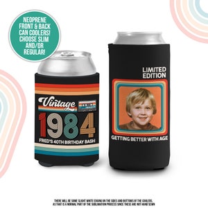40th birthday photo slim or regular can coolie personalized classic nostalgia can cooler any age birthday party favor can cooler MCC-227 image 1