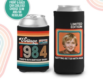 40th birthday photo slim or regular can coolie | personalized classic nostalgia can cooler | any age birthday party favor can cooler MCC-227
