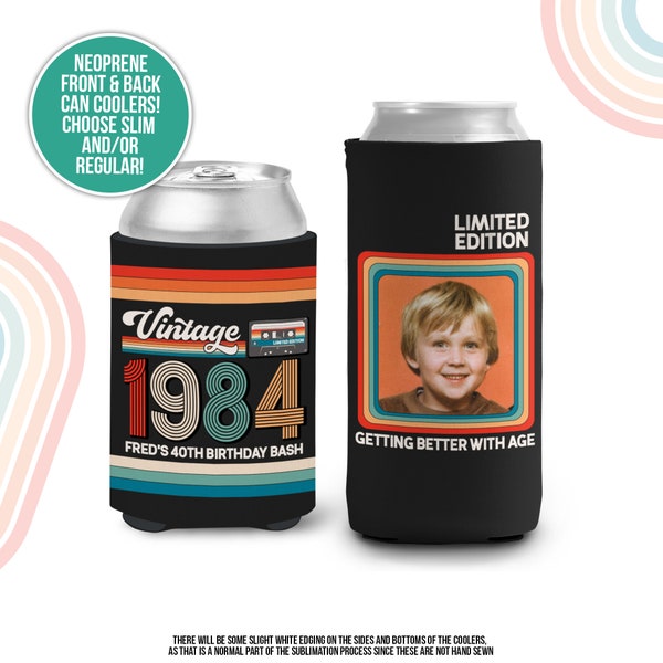 40th birthday photo slim or regular can coolie | personalized classic nostalgia can cooler | any age birthday party favor can cooler MCC-227