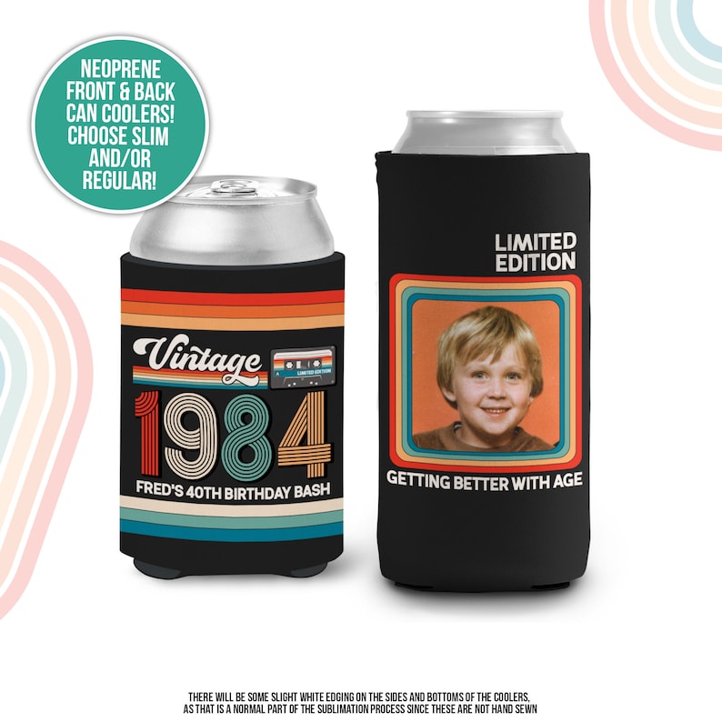 40th birthday photo slim or regular can coolie personalized classic nostalgia can cooler any age birthday party favor can cooler MCC-227 image 1