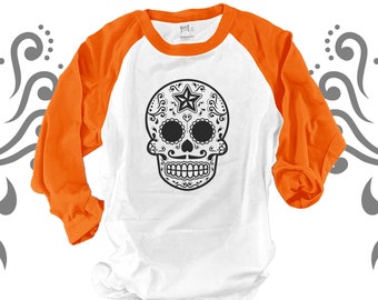 Halloween sugar skull custom unisex ADULT raglan style shirt - perfect for Halloween and Day of the Dead  SSAR