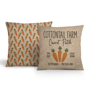 May include: Two burlap pillow covers with a carrot theme. One pillow cover has a repeating pattern of orange carrots on a tan background. The other pillow cover has the text "COTTONTAIL FARM Carrot Patch" with three orange carrots and the text "OPEN DAILY", "LOCALLY GROWN", "10¢ PER BUNCH", and "PICK YOUR OWN".