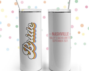 Bachelorette party drinkware | skinny stainless steel tumbler | bride or babe personalized steel tumbler with lid and straw | party favor