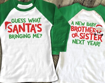 Christmas pregnancy announcement shirt | big brother or big sister santa surprise raglan | holiday pregnancy announcement raglan | SNLC-063R