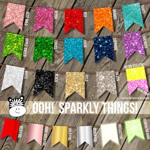 Pode incluir: Um gr&aacute;fico de cores e acabamentos brilhantes, incluindo ouro rosa, blush, vermelho, &aacute;gua-marinha, grama, preto, branco, verde ma&ccedil;&atilde;, laranja, safira, lavanda, amarelo neon, rosa neon, prata, ouro, folha vermelha, folha de ouro rosa, folha dourada, folha prateada, reflexiva e que brilha no escuro. O gr&aacute;fico &eacute; rotulado como "Ooh! Sparkly Things!"