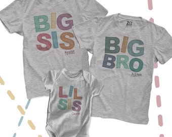 matching sibling  shirts - sibling set of THREE shirts big brother big sister mix and match  - Stitch Font sibling shirts MSS2-016-3Set
