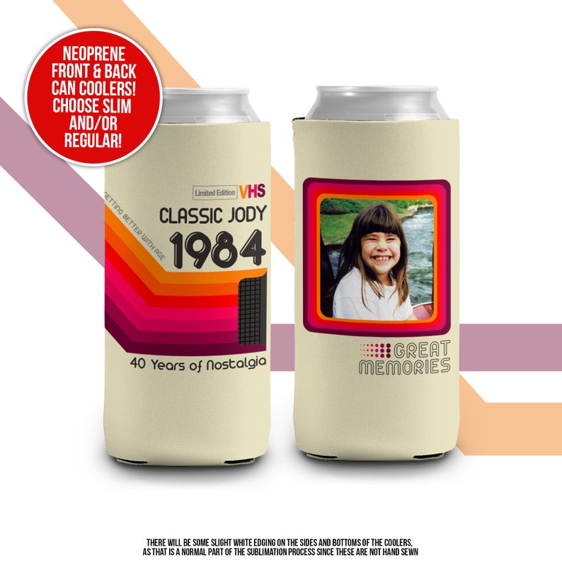 40th birthday photo slim or regular can coolie personalized classic nostalgia can cooler any age birthday party favor can cooler MCC-172 image 2