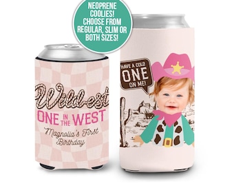 Wildest ONE in the West coolies Funny Face Photo First Birthday can coolies with western theme This ONE’s On Me Slim or Regular Can Coolie