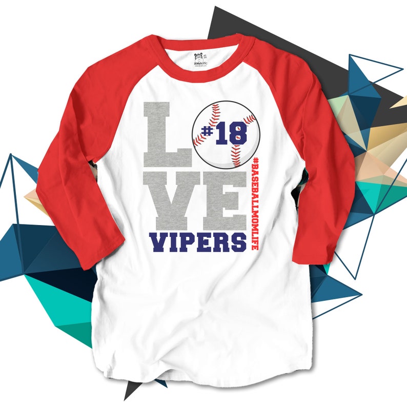 May include: A white and red baseball t-shirt with a grey 'LOVE' and 'VIPERS' text, a baseball with the number 18, and the text '#BASEBALLMOMLIFE'.