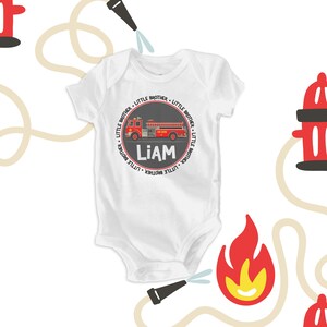 Fire Truck Little Brother Short Sleeve plain white bodysuit- perfect for the new little one MTRAN-004-B