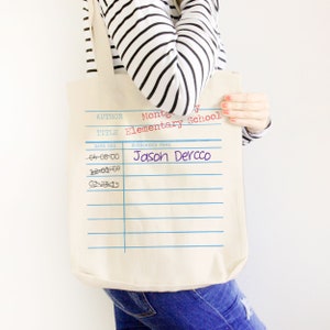 Library book return card personalized tote bag - choose value or heavyweight tote MBAG-055