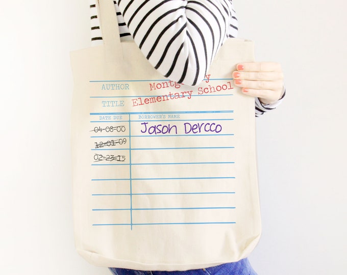 Library book return card personalized tote bag - choose value or heavyweight tote MBAG-055