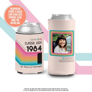 40th Birthday coolers retro 90s colors photo regular can coolies personalized classic nostalgia can cooler birthday favors vhs retro tech