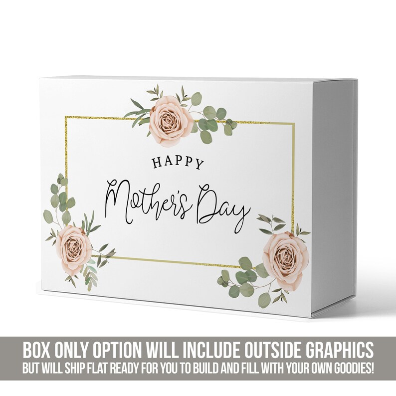 K&ouml;nnte beinhalten: Eine wei&szlig;e Geschenkbox mit goldenem Rahmen und floralem Design. Der Text "HAPPY Mother's Day" ist auf der Box aufgedruckt.