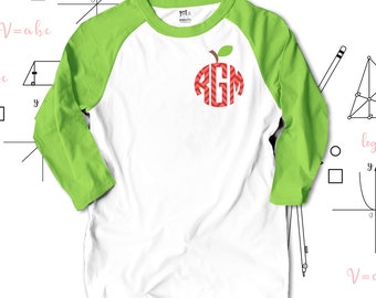 Monogram shirt for teachers - chevron apple monogram ADULT raglan shirt- perfect for all Fall activities 22MSCL-019-R