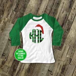 Christmas shirt | plaid monogram santa hat personalized youth raglan shirt | great for holidays  22SNLC-038-PR