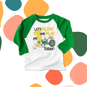First 1st birthday shirt - green tractor plow and play farm birthday party RAGLAN shirt - with or without farm animals 22BD-004-R