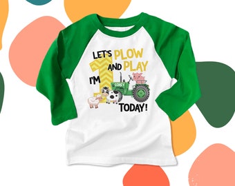 First 1st birthday shirt - green tractor plow and play farm birthday party RAGLAN shirt - with or without farm animals 22BD-004-R