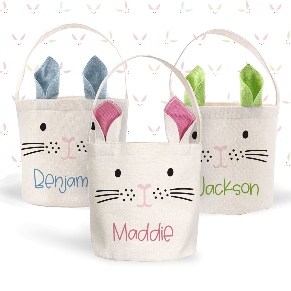 kids easter basket bunny ears pink nose easter basket pink blue or green bunny ears custom gift easter bunny bag personalized with name image 1