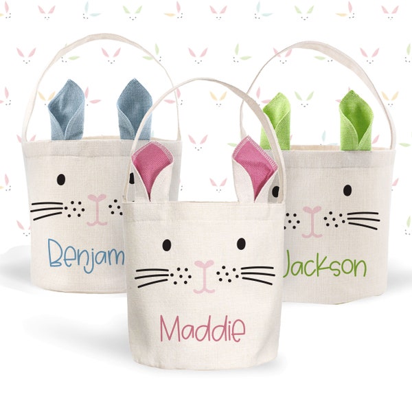 kids easter basket | bunny ears pink nose easter basket | pink blue or green bunny ears custom gift easter bunny bag personalized with name