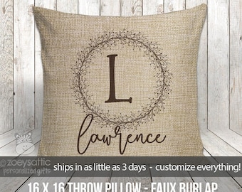 porch monogram pillow large porch pillow initial and monogram - faux burlap address pillow  housewarming gift with optional insert