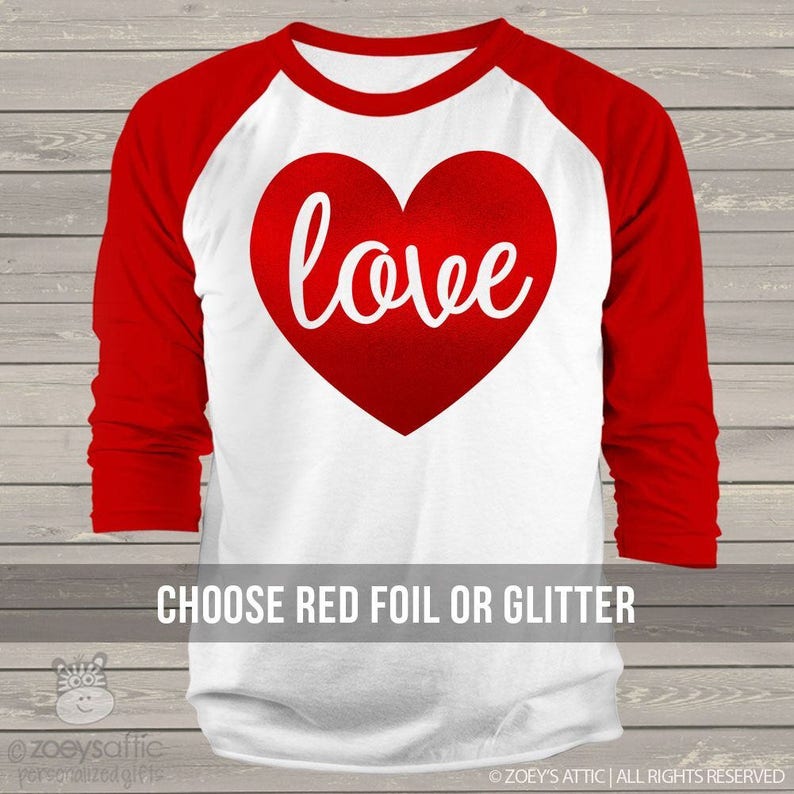 Valentine Shirt Love Sparkly Red Heart ADULT Raglan Shirt - Etsy