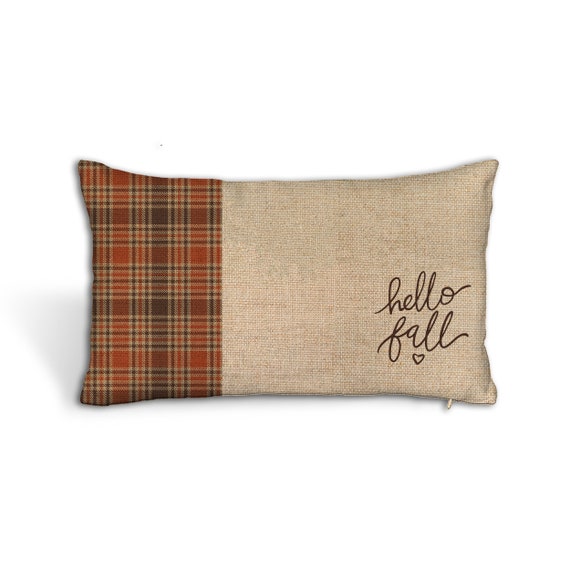 hello fall throw pillow | faux burlap lumbar throw pillowcase | plaid autumn colors pillowcase with insert option pil-214-lbr