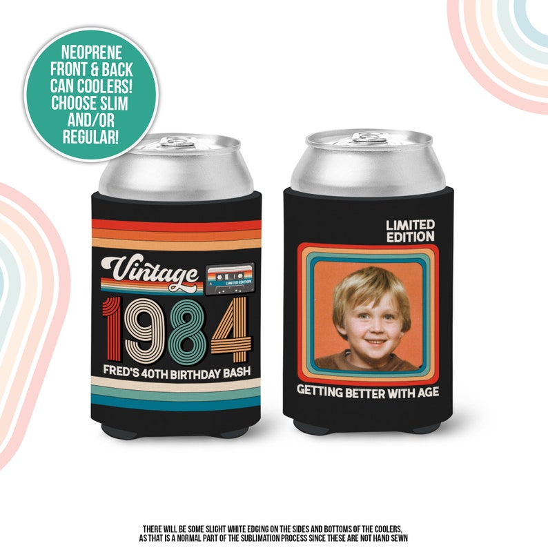 40th birthday photo slim or regular can coolie personalized classic nostalgia can cooler any age birthday party favor can cooler MCC-227 image 3
