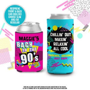 Bachelorette party can coolers | bach to the 90's party themed personalized beverage insulators | slim or regular size party coolies MCC-186