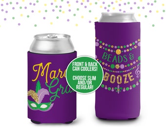 Mardi Gras party can coolies | beads & booze regular or slim can coolies | beverage insulators for mardi gras parade and parties mcc-072