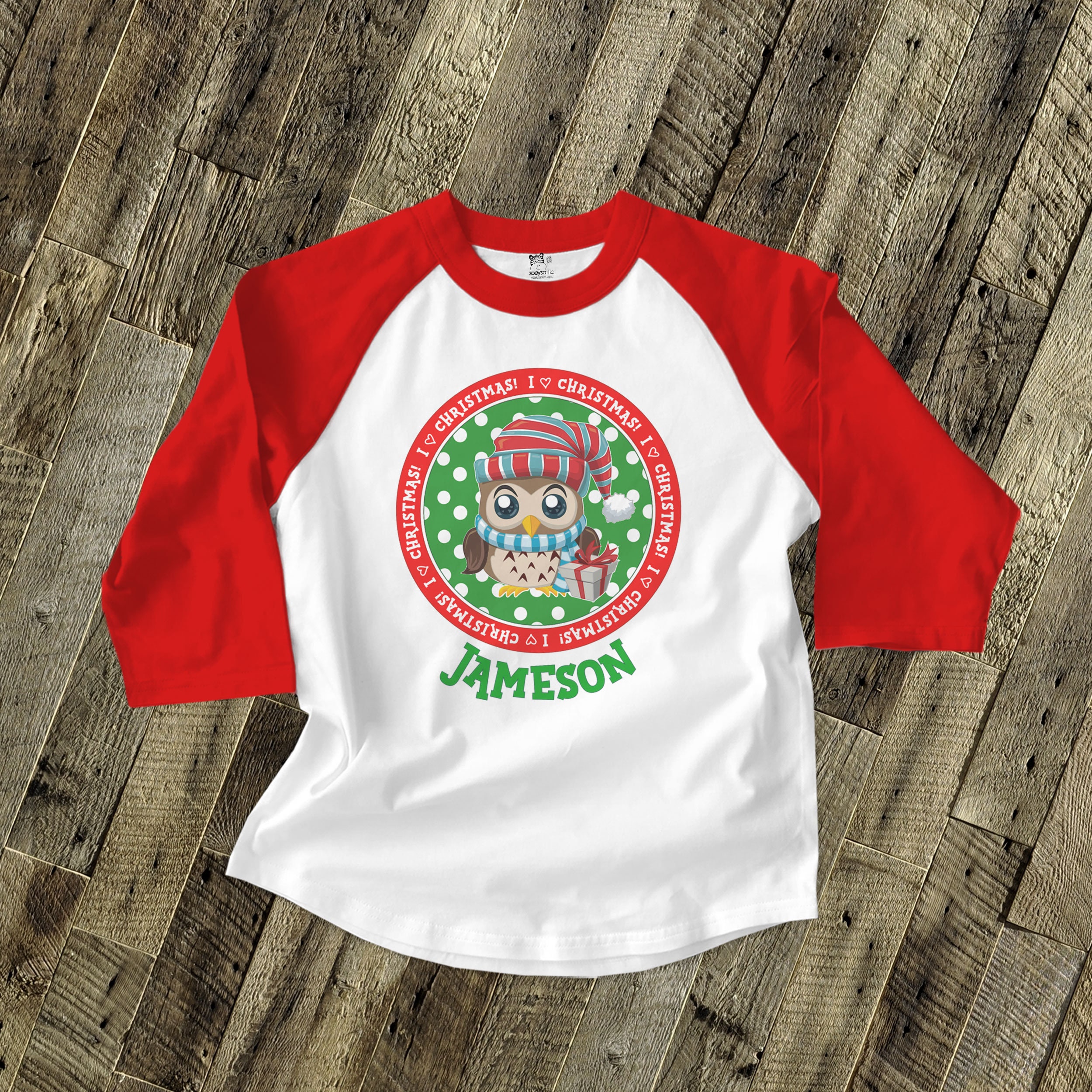 i love christmas owl childrens raglan shirt - adorable for all the Christmas festivities 22SNLC-063-