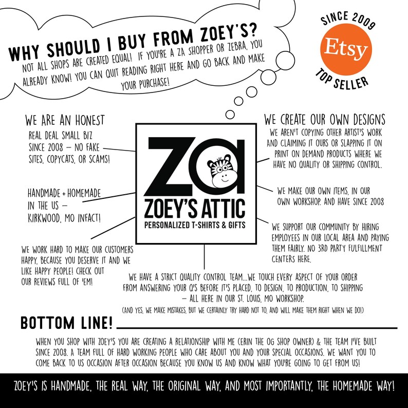 Peut inclure: Graphique blanc avec texte noir et logo orange Etsy Top Seller. Le texte fait la promotion de Zoey's Attic, une boutique sp&eacute;cialis&eacute;e dans les t-shirts et cadeaux personnalis&eacute;s, mettant l'accent sur la qualit&eacute; artisanale et le service client.